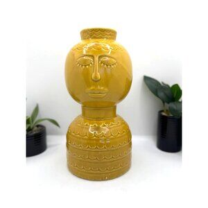 Three Hands Yellow Ceramic-Porcelain Decorative Vase With Face Design